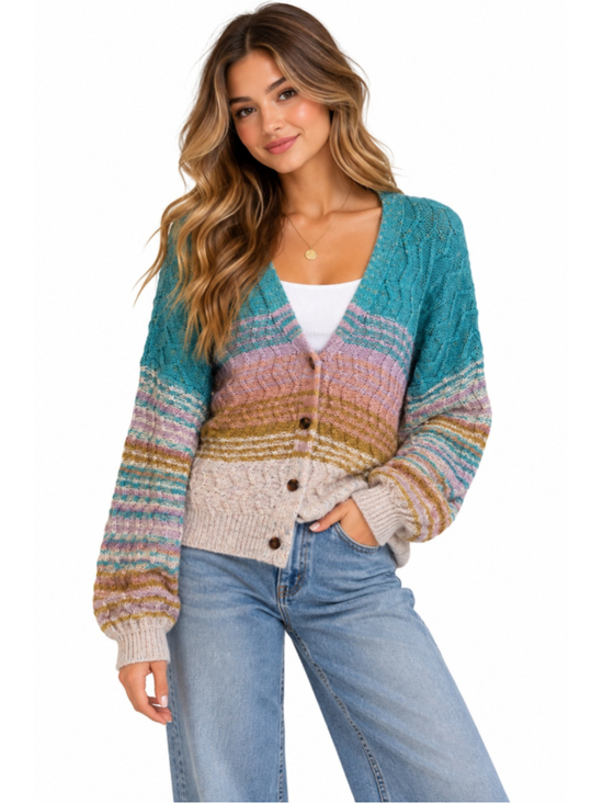 ee:some Sweaters - ee:some Multicolor Cable Knit Button Cardigan Sweater Size L Y2K Boho